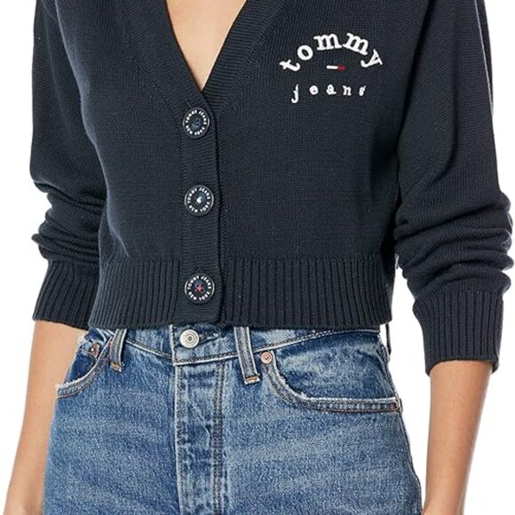 Tommy Jeans Women’s Logo Navy Blue Cropped Cardigan Sweater (NWOT) - Picture 5 of 10